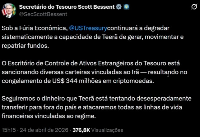 Tweet de Scott Bessent, Secretário do Tesouro dos EUA, publicado em 24 de abril de 2026